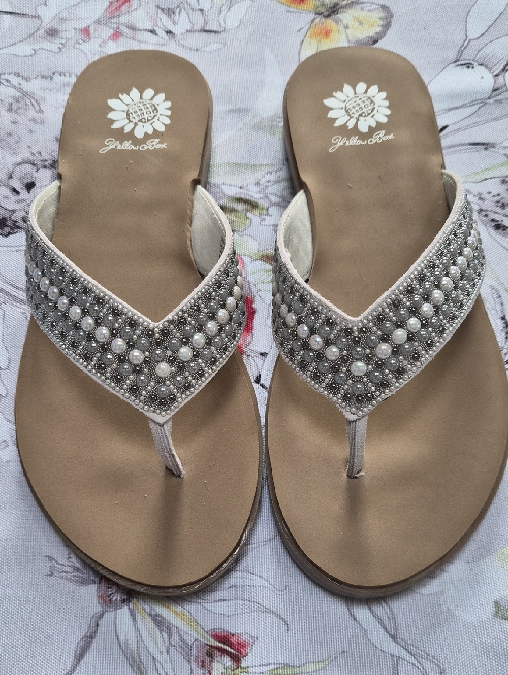 Yellow Box Silver Pearl & Rhinestone Embellished Thong Sandals